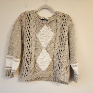 Herman Geist Cotton Blend Cable Knit Fisherman hand Knit Sweater Women Sz L.